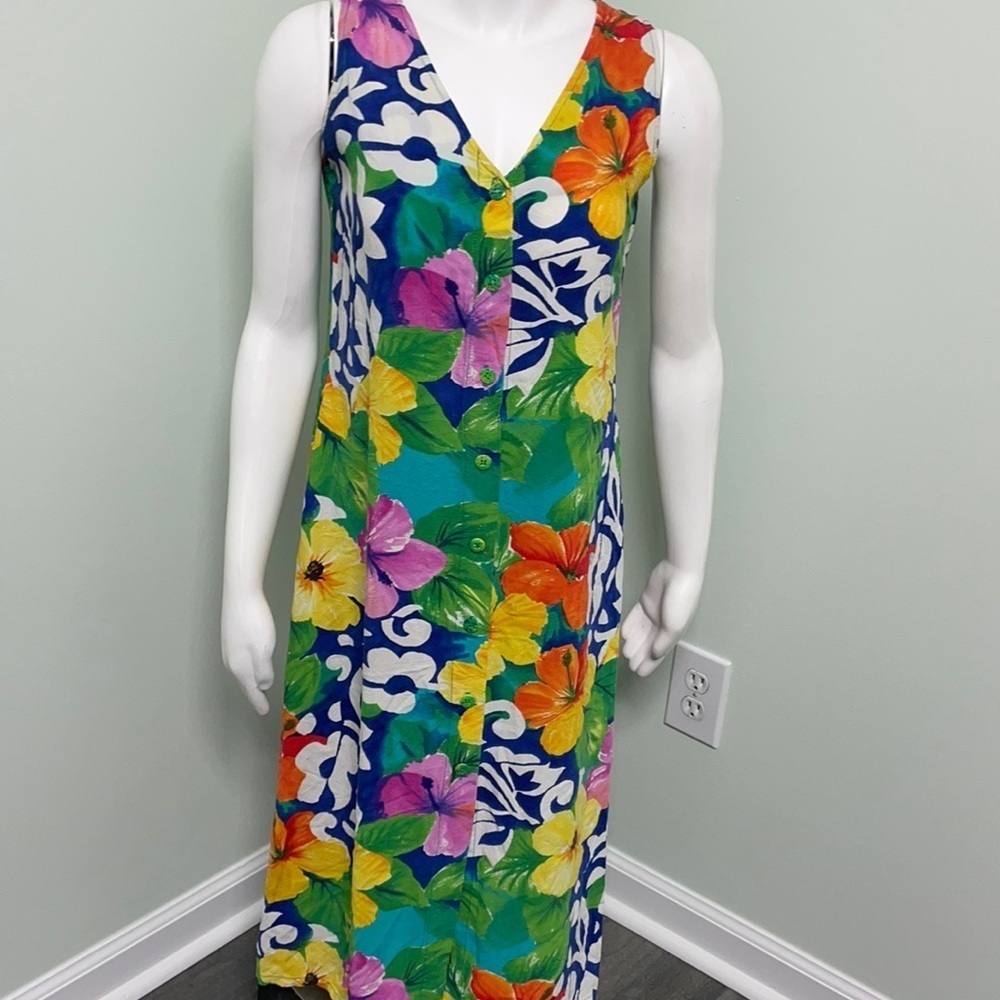 Jams World sleeveless hibiscus flower button front midi dress size small